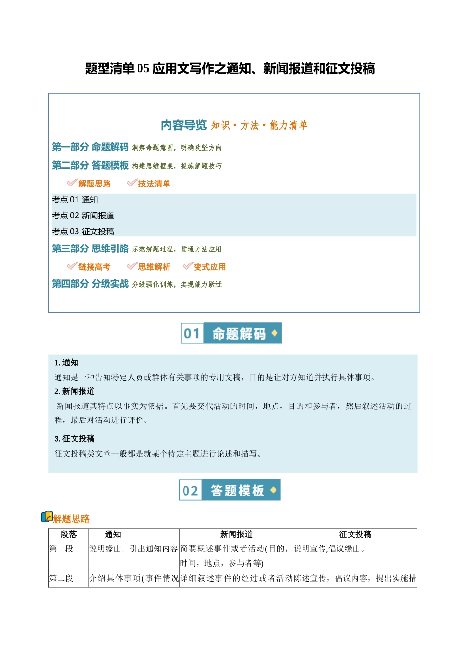 题型清单05 通知、新闻报道和征文投稿（知识·方法·能力清单）（教师版）.docx_第1页