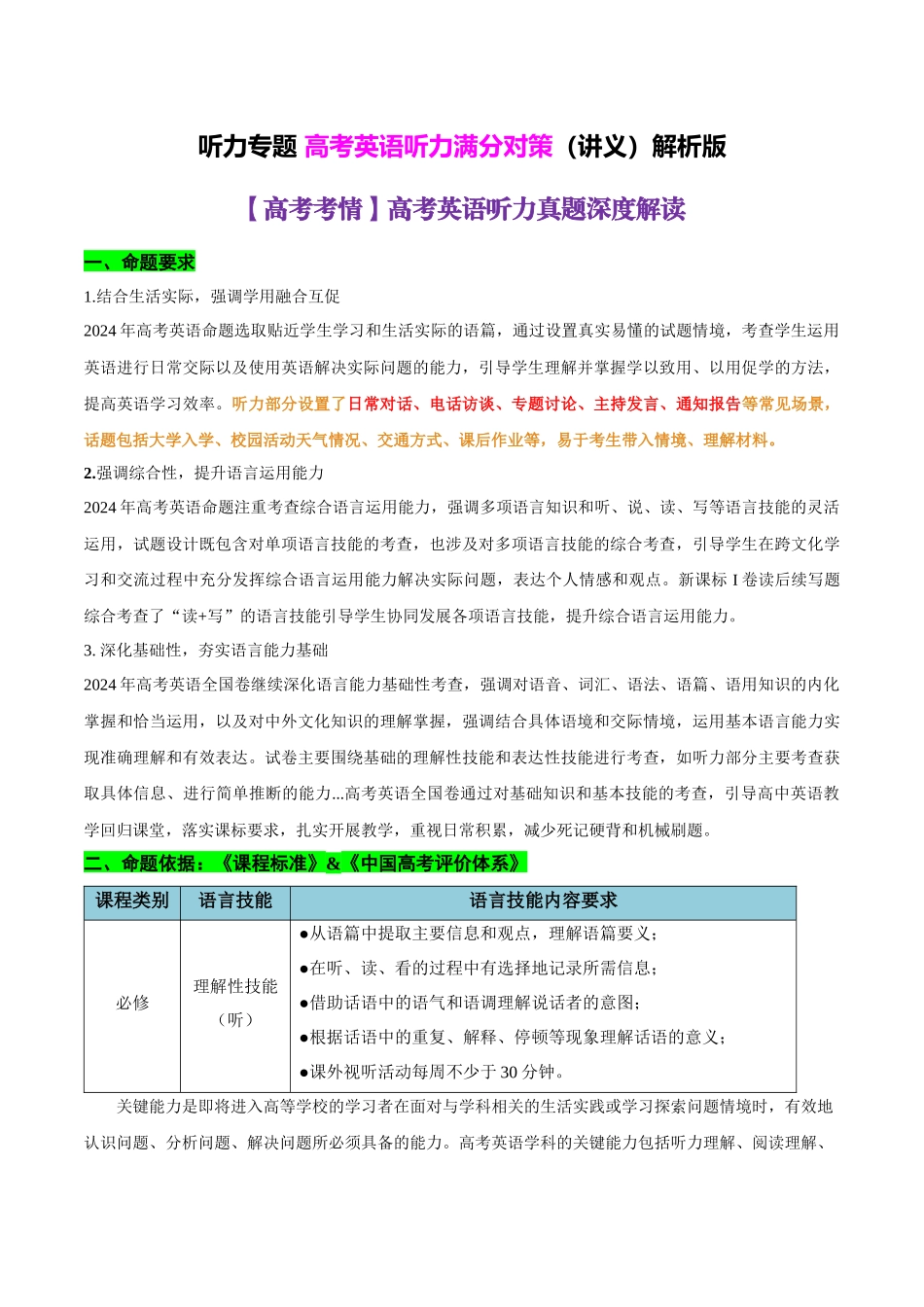 听力专题 高考英语听力满分对策（讲义）教师版.docx_第1页