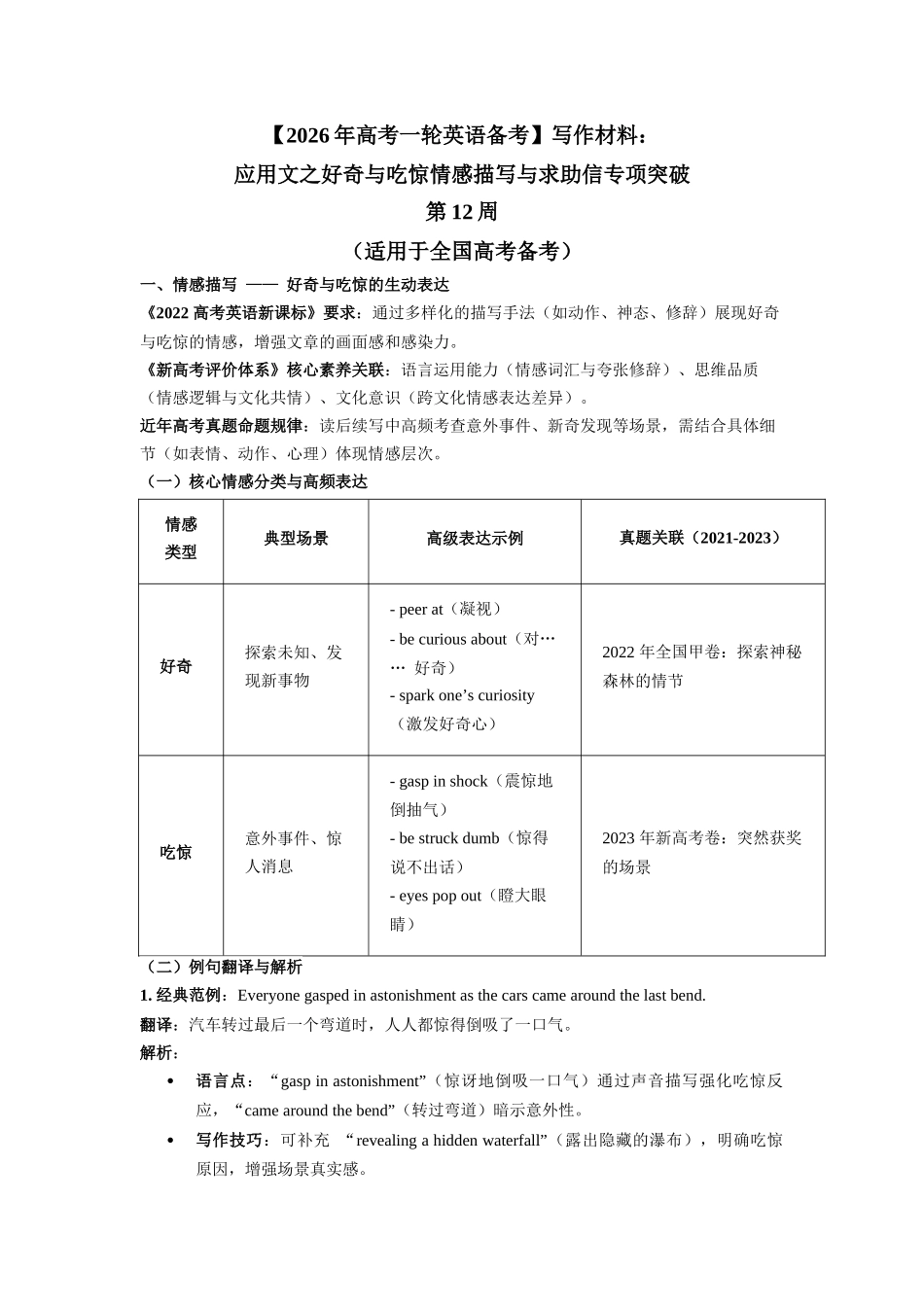 写作材料：应用文之好奇与吃惊情感描写与求助信专项突破 第12周 （适用于全国高考备考）.docx_第1页