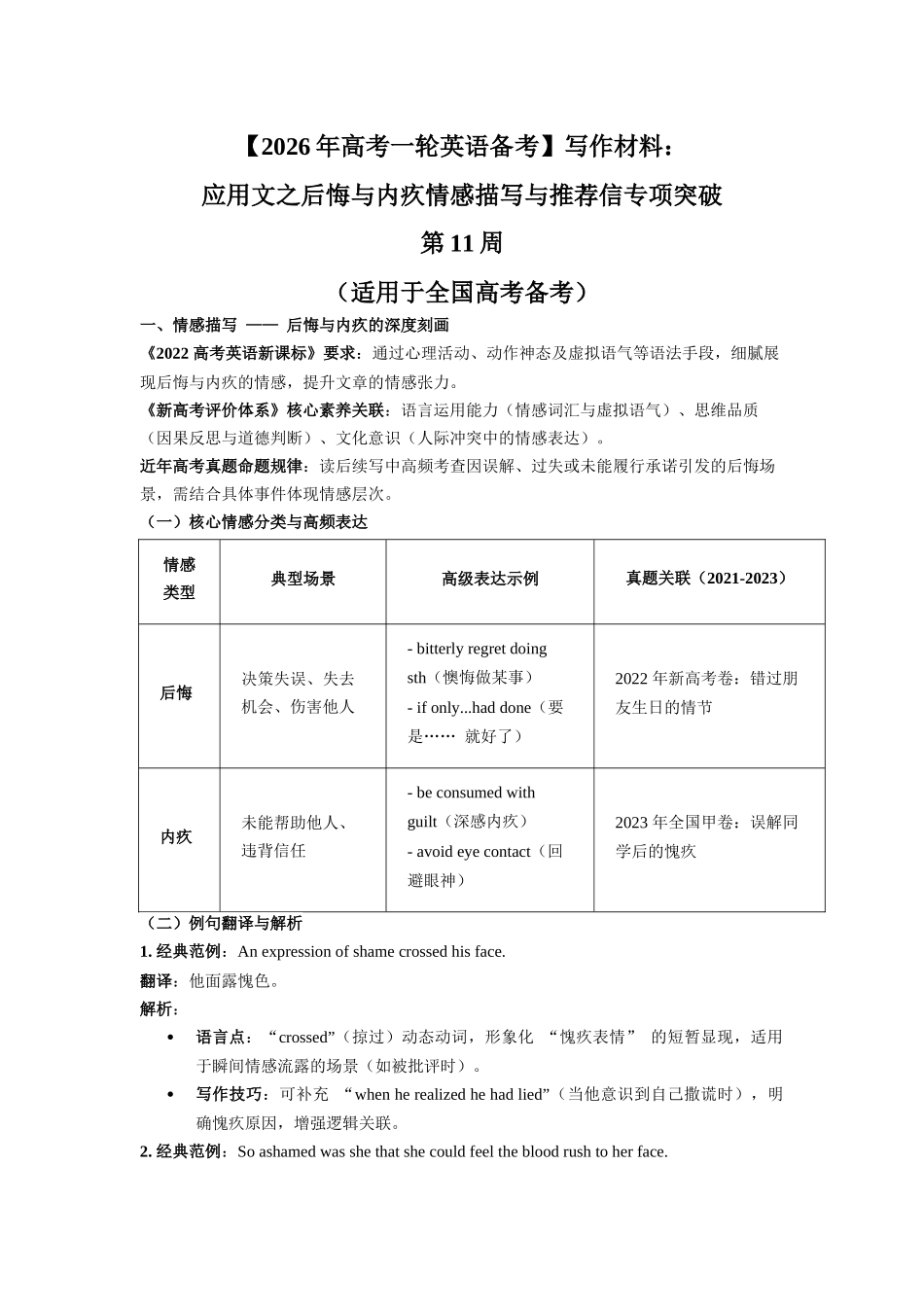 写作材料:应用文之后悔与内疚情感描写与推荐信专项突破 第11周 (适用于全国高考备考).docx_第1页