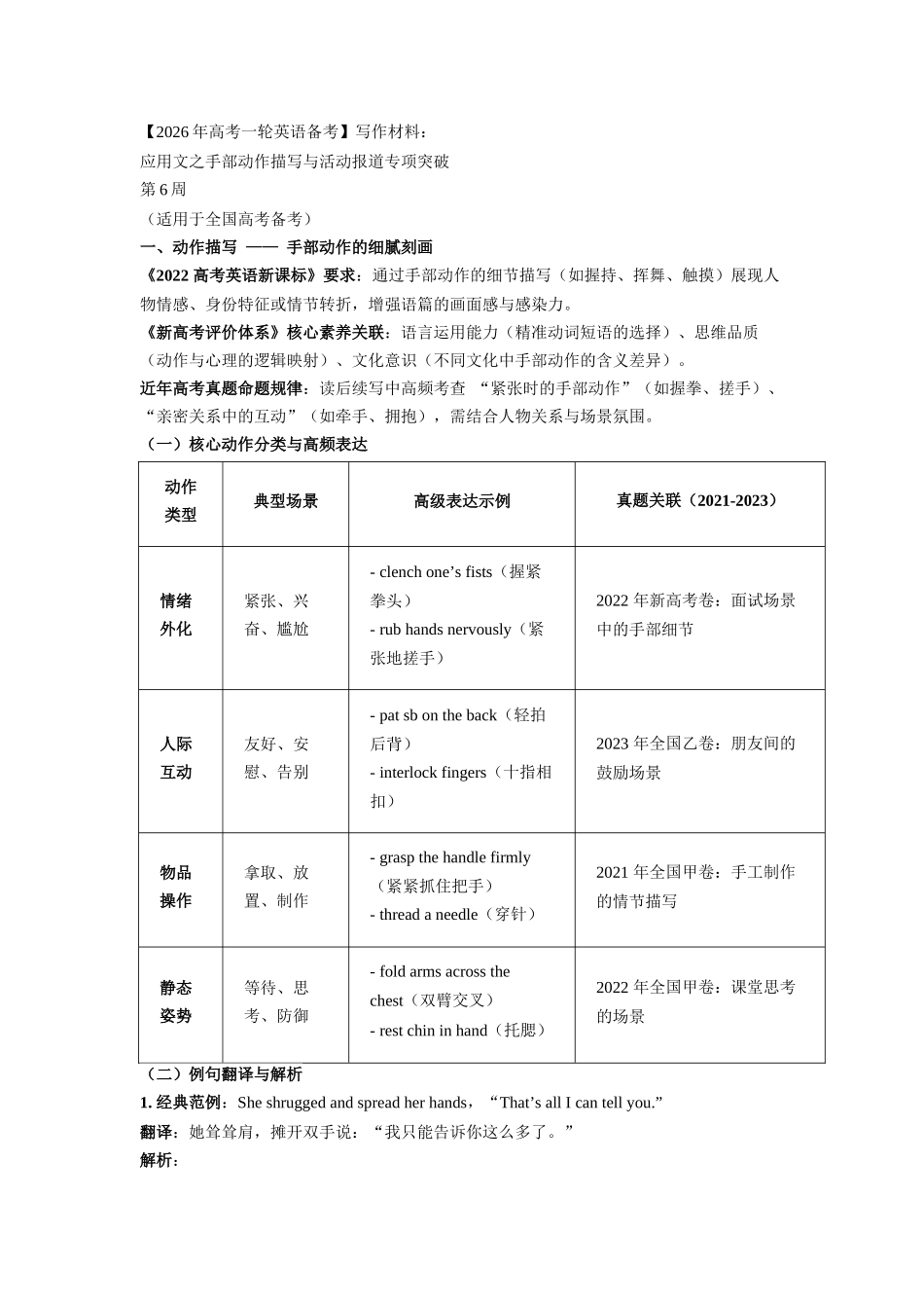 写作材料：应用文之手部动作描写与活动报道专项突破 第6周 （适用于全国高考备考）.docx_第1页