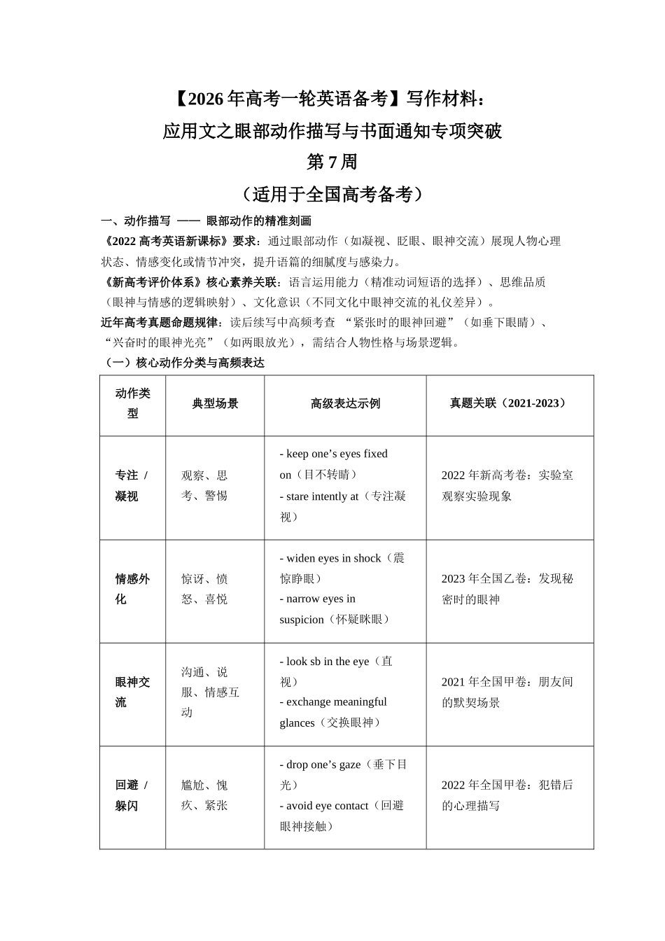 写作材料：应用文之眼部动作描写与书面通知专项突破 第7周 （适用于全国高考备考）.docx_第1页