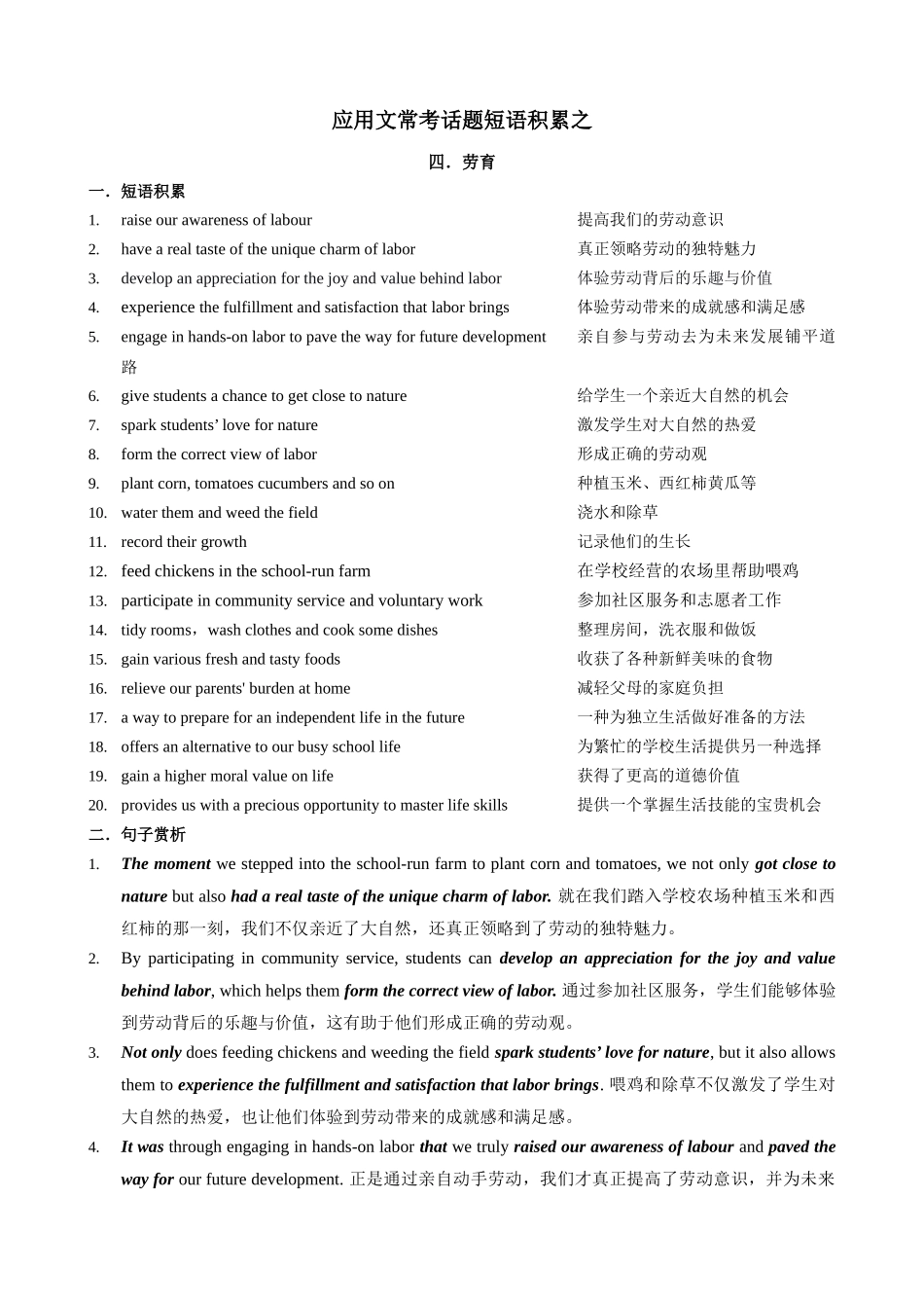 应用文常考话题短语积累之四 劳育 .docx_第1页