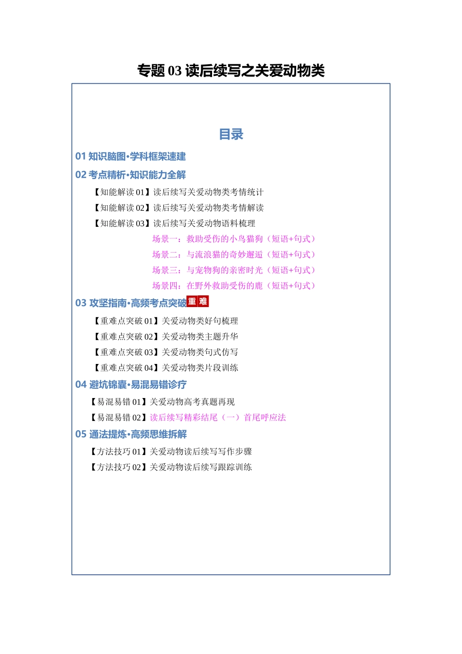 专题03 读后续写之关爱动物类（知识清单）（教师版）.docx_第1页