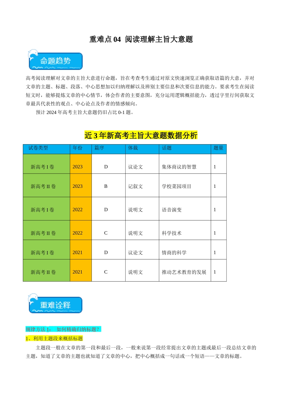 重难点04 阅读理解主旨大意题-（新高考专用）（教师版）.docx_第1页
