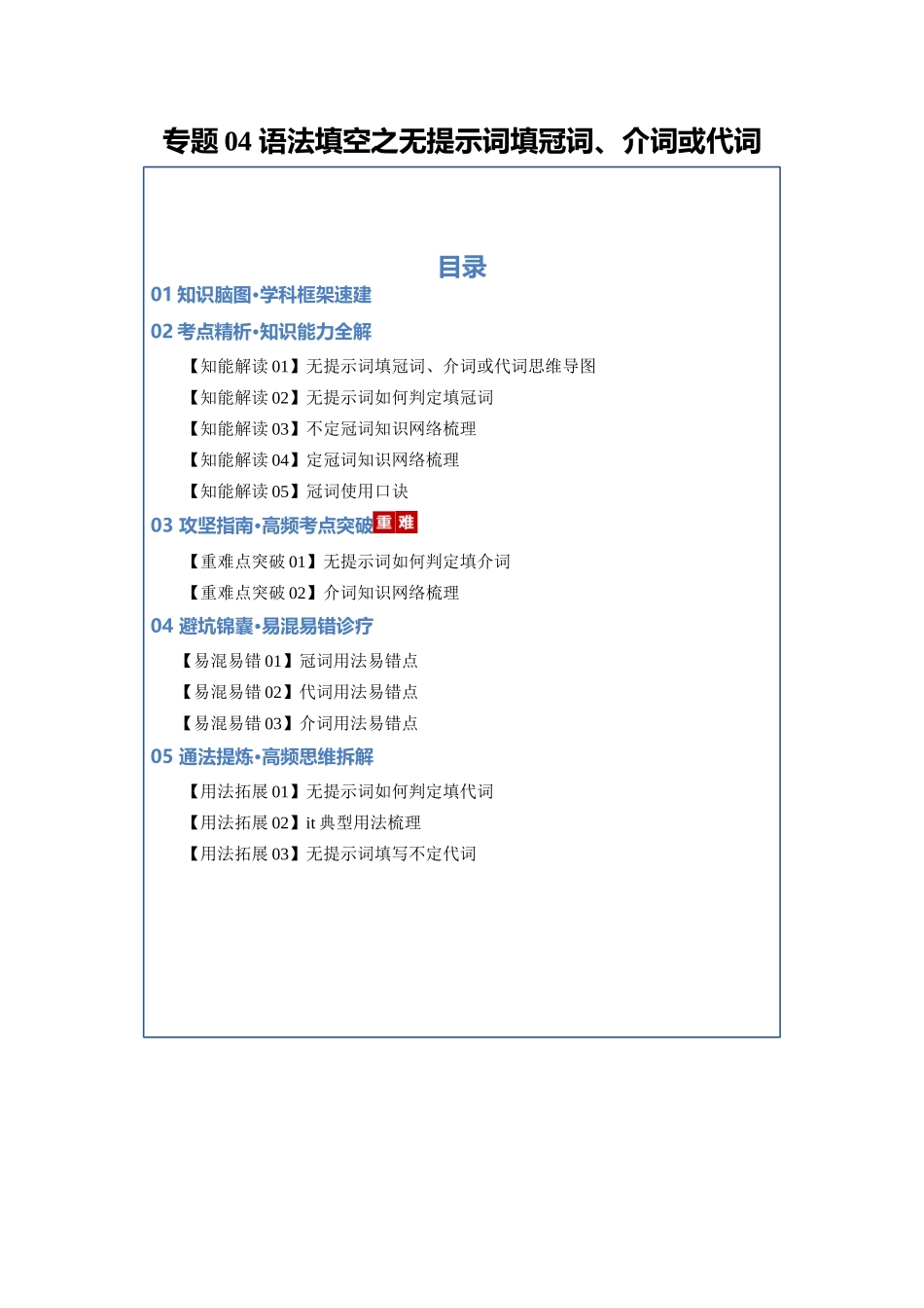 专题04 语法填空之无提示词填冠词、介词或代词（知识清单）（教师版）.docx_第1页