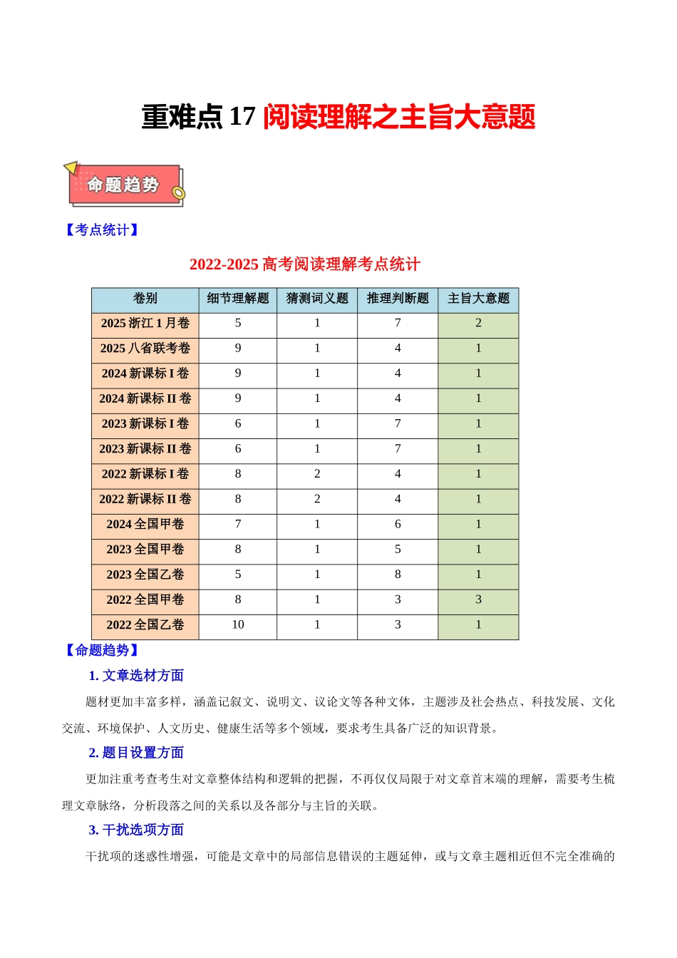 重难点17 阅读理解之主旨大意题 教师版.docx_第1页