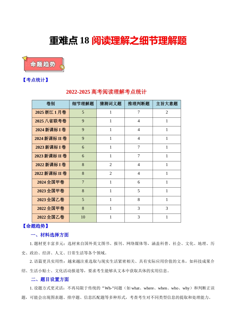重难点18 阅读理解之细节理解题 学生版.docx_第1页
