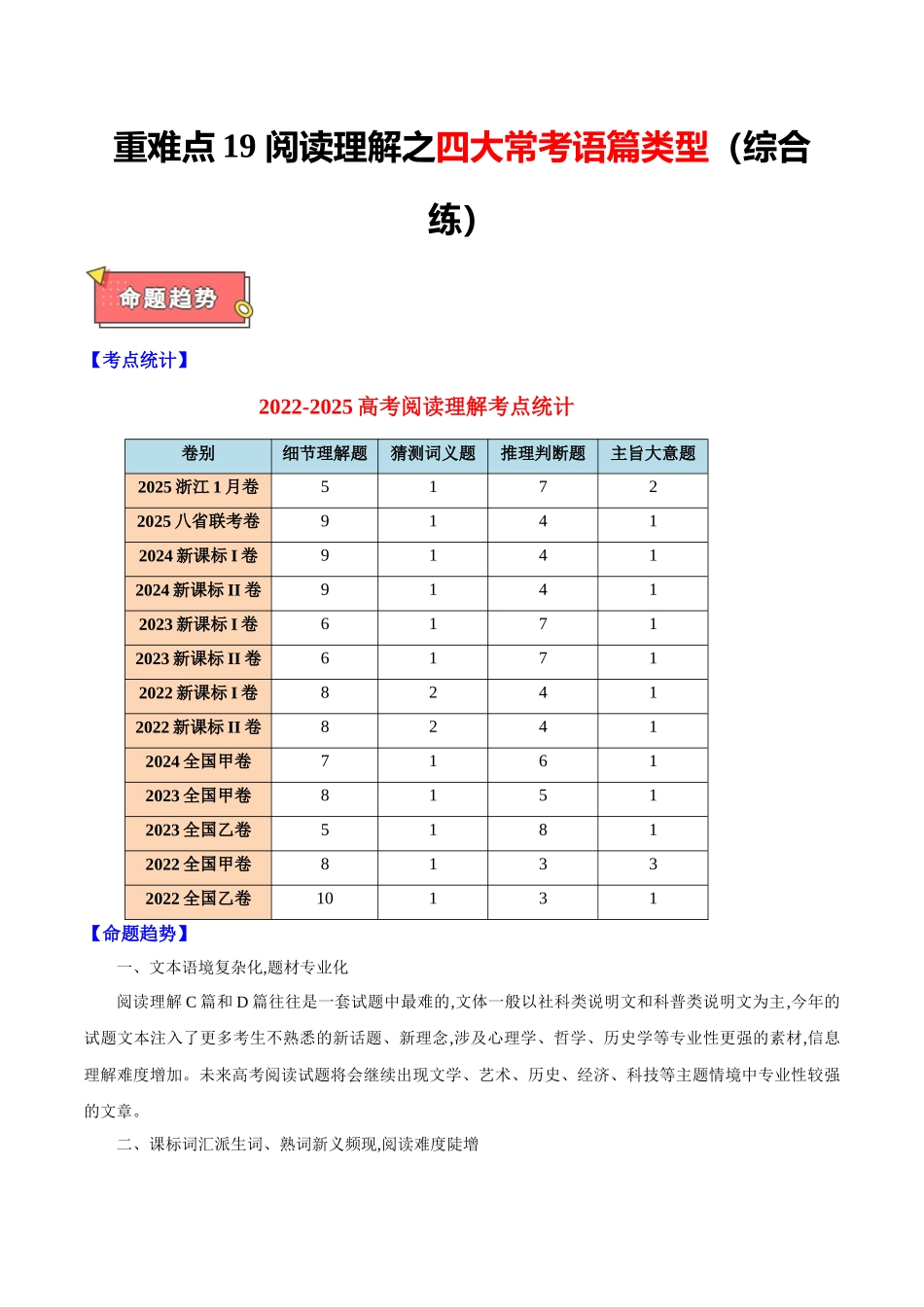 重难点19 阅读理解之四大常考语篇类型（综合练） 学生版.docx_第1页