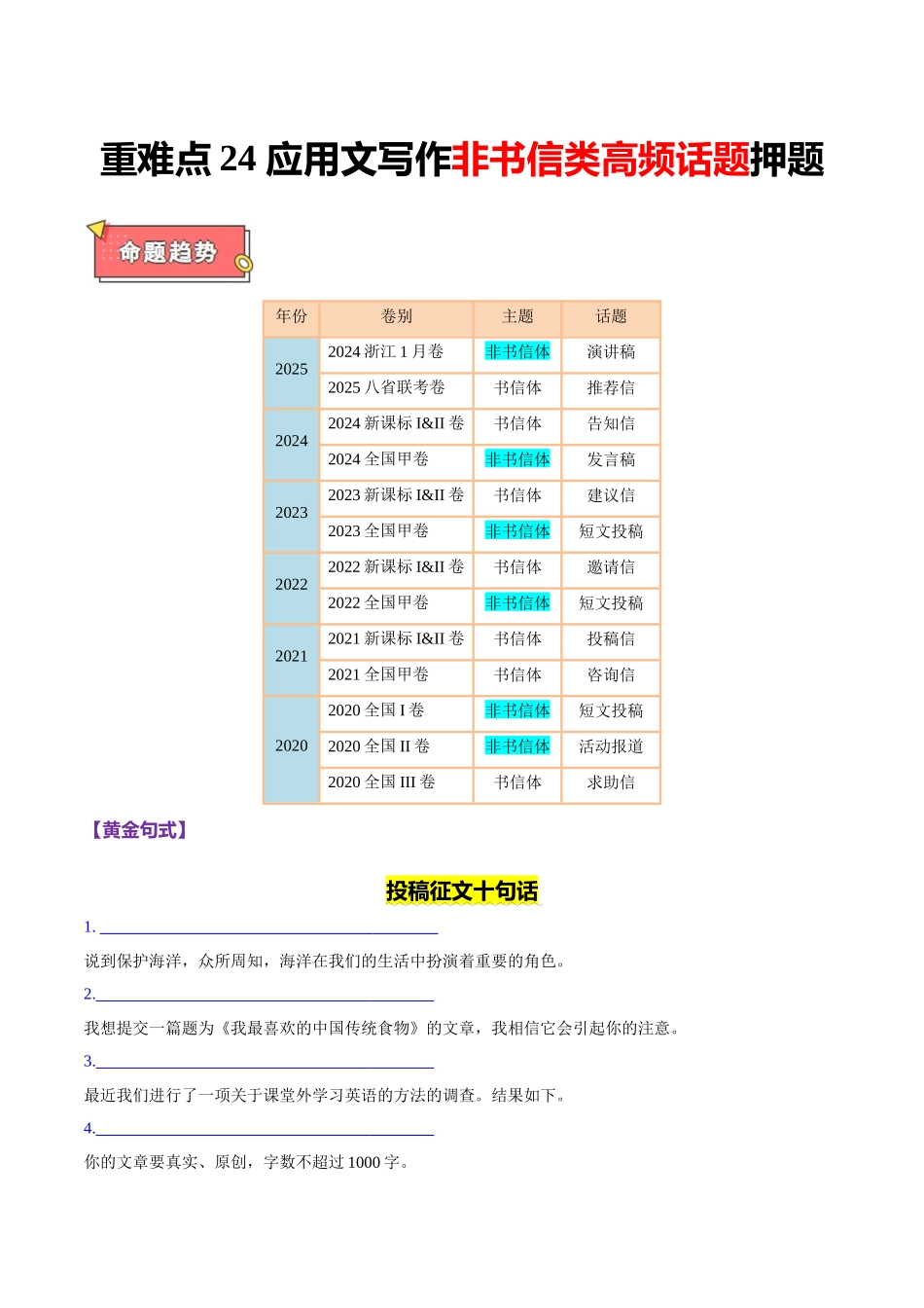 重难点24 应用文写作非书信类高频话题押题 学生版.docx_第1页