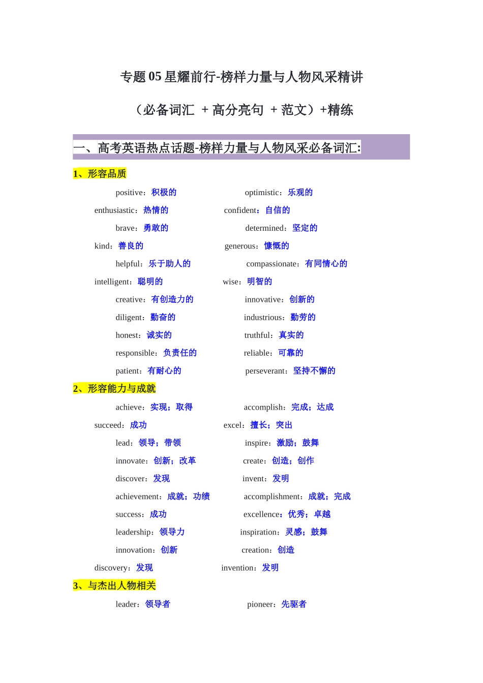 专题05星耀前行-榜样力量与人物风采精讲（必备词汇 + 高分亮句 + 范文）+精练 -原卷版.docx_第1页