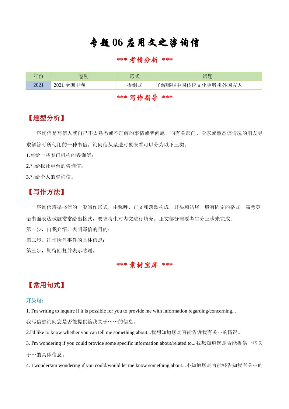 专题06 应用文之咨询信（原卷版）-【妙笔生花】2025年高考英语写作常考文体提分秘籍.docx_第1页