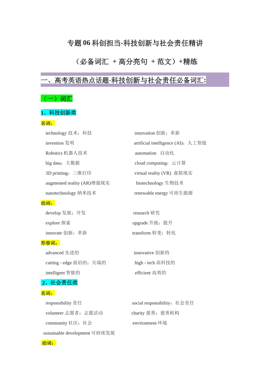 专题06科创担当-科技创新与社会责任精讲（必备词汇 + 高分亮句 + 范文）+精练-原卷版.docx_第1页