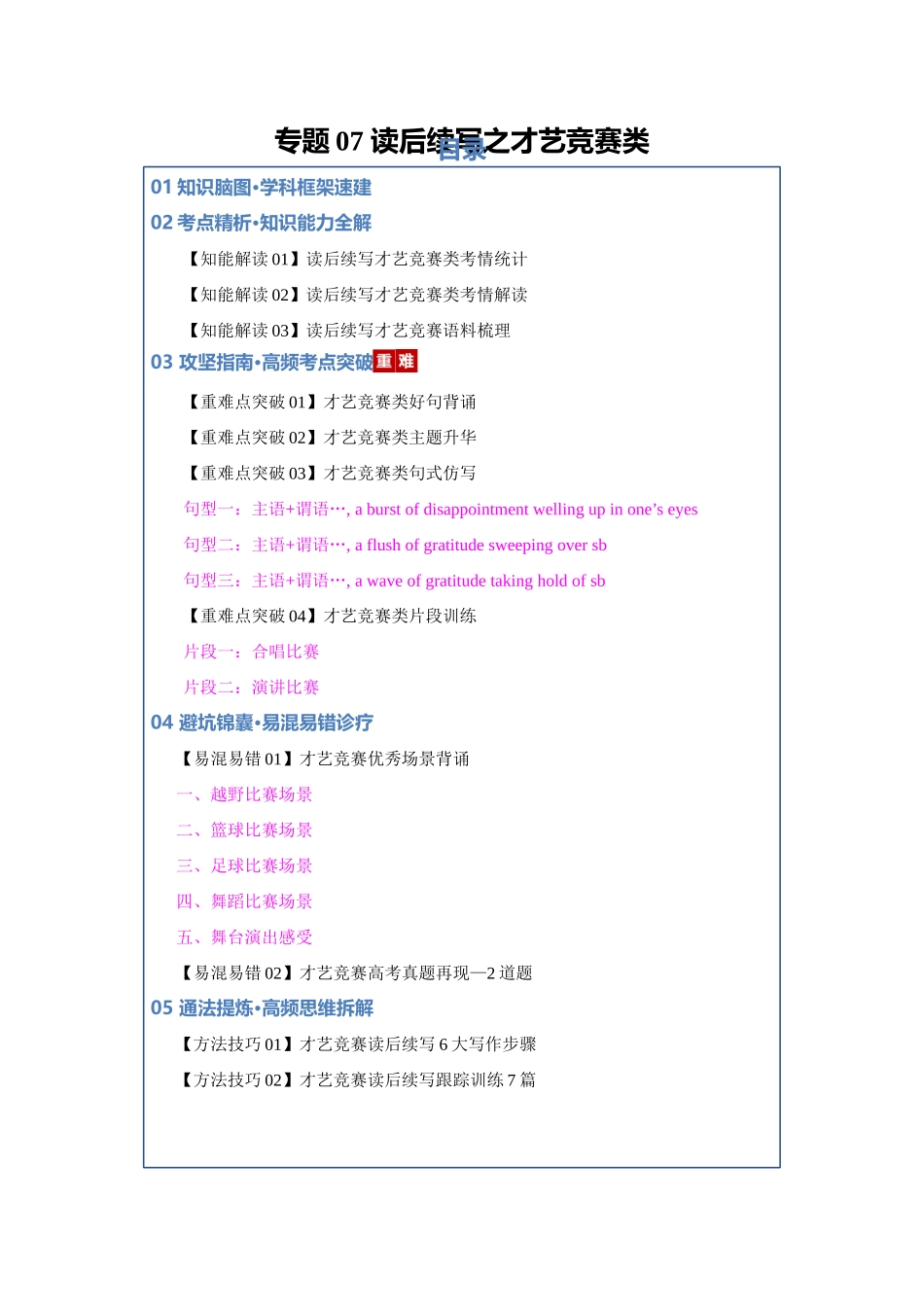 专题07 读后续写之才艺竞赛类（知识清单）（教师版）.docx_第1页