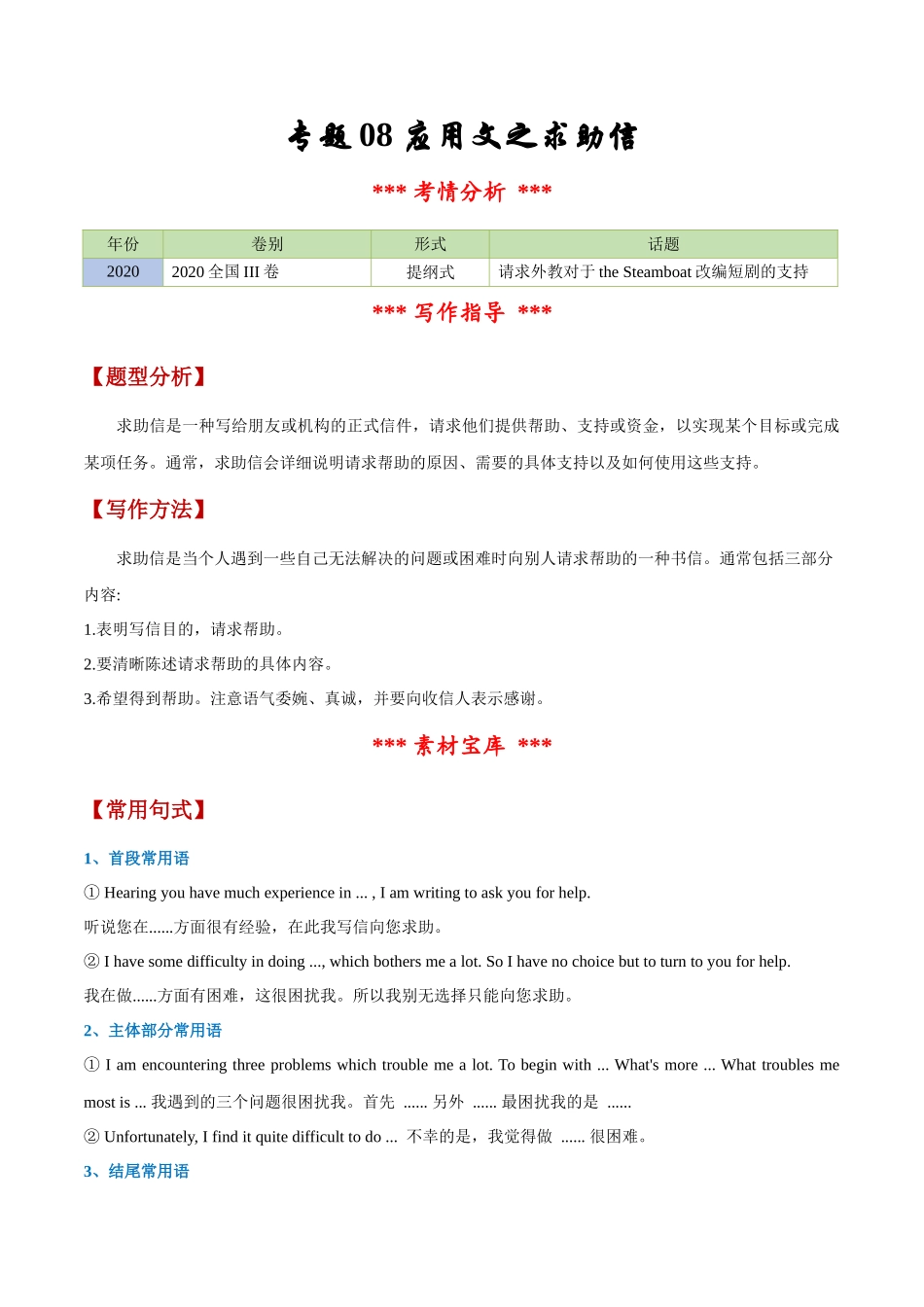 专题08 应用文之求助信（原卷版）-【妙笔生花】2025年高考英语写作常考文体提分秘籍.docx_第1页