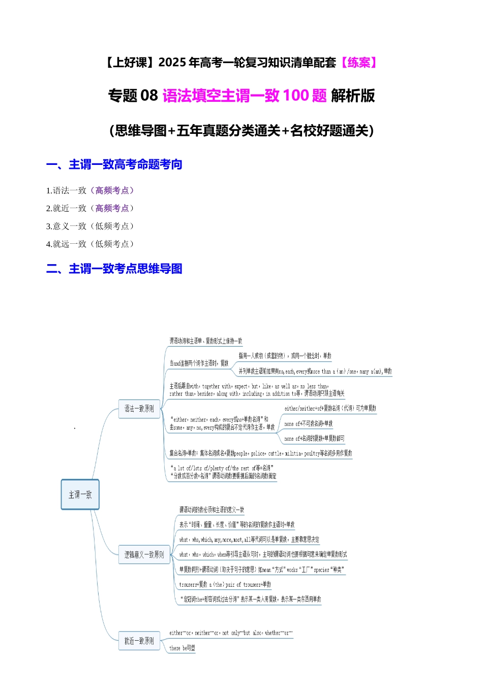 专题08 语法填空主谓一致100题（练案） 学生版.docx_第1页