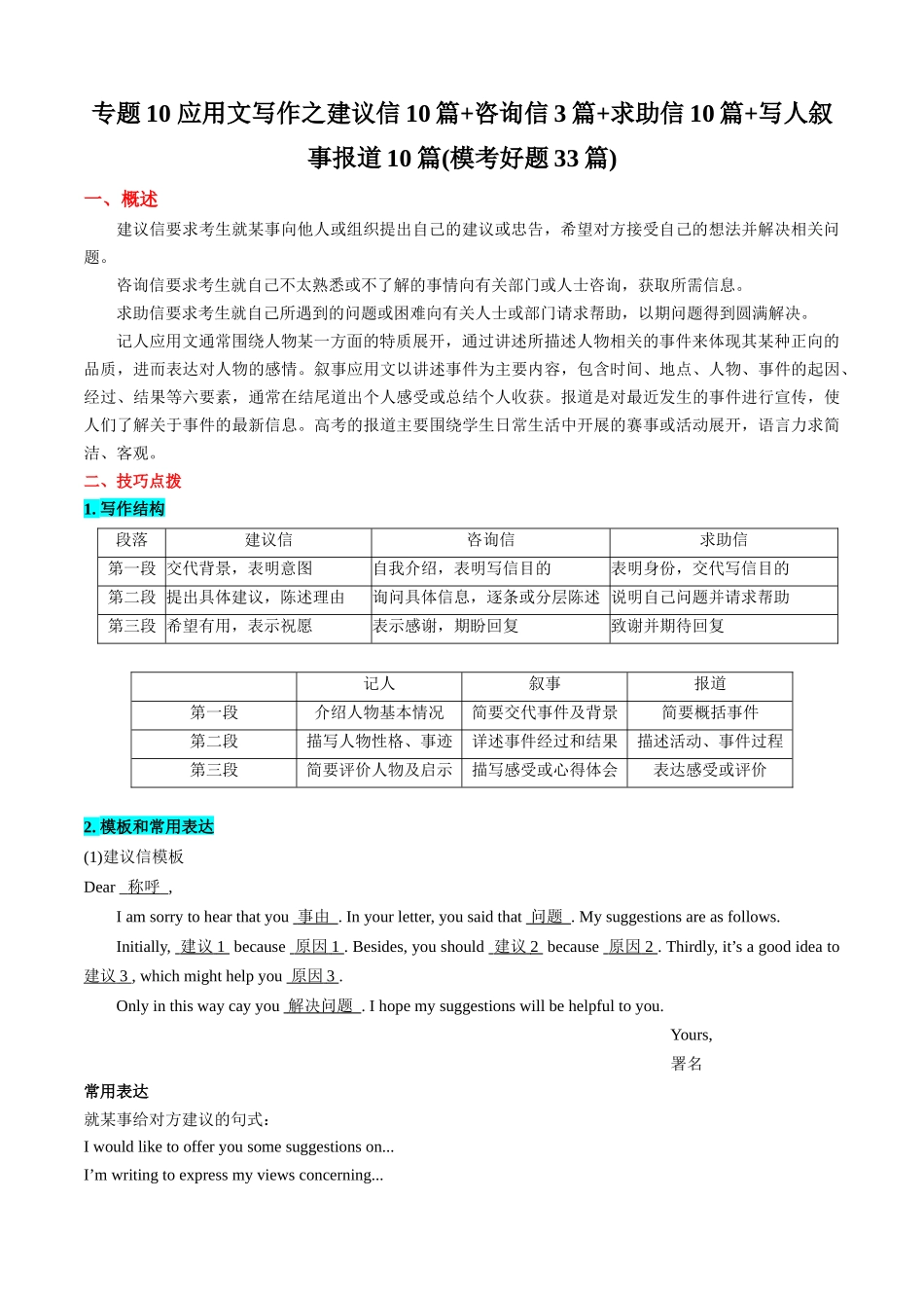 专题10 应用文写作之建议信10篇+咨询信3篇+求助信10篇+写人叙事报道10篇(模考好题33篇)(教师版).docx_第1页