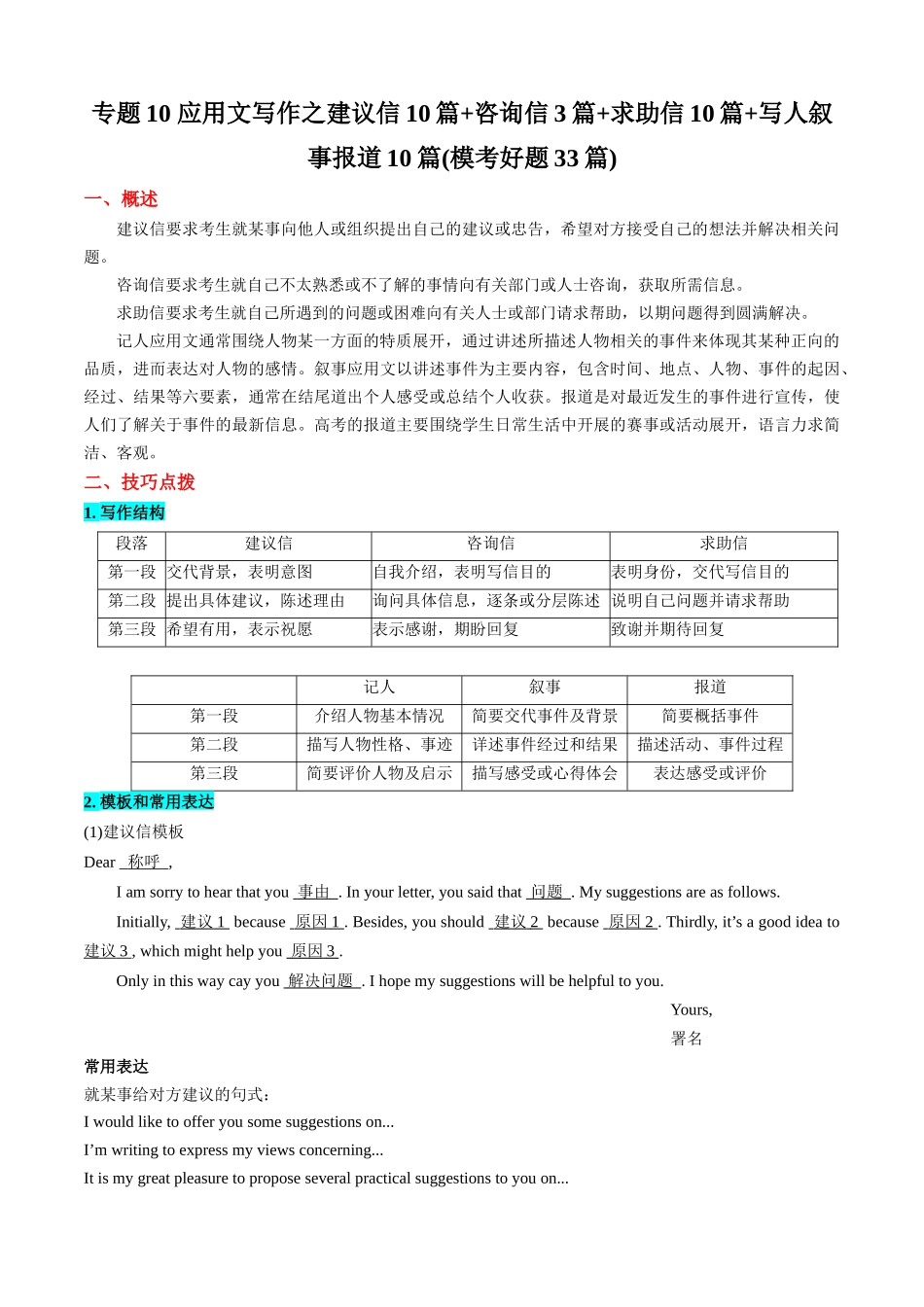 专题10 应用文写作之建议信10篇+咨询信3篇+求助信10篇+写人叙事报道10篇(模考好题33篇)(原卷版).docx_第1页