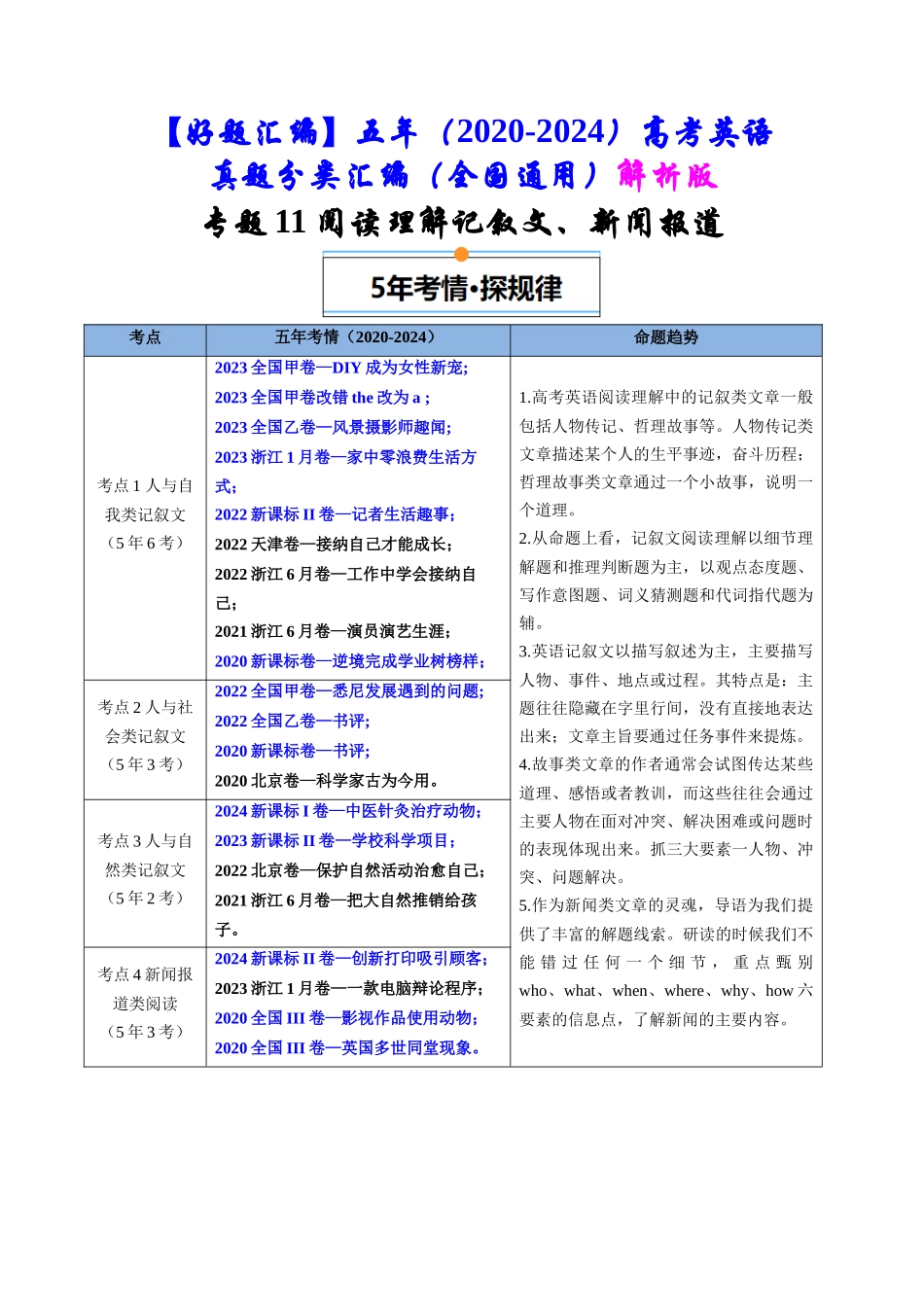 专题11  阅读理解记叙文、新闻报道（全国通用）（解析版）.docx_第1页
