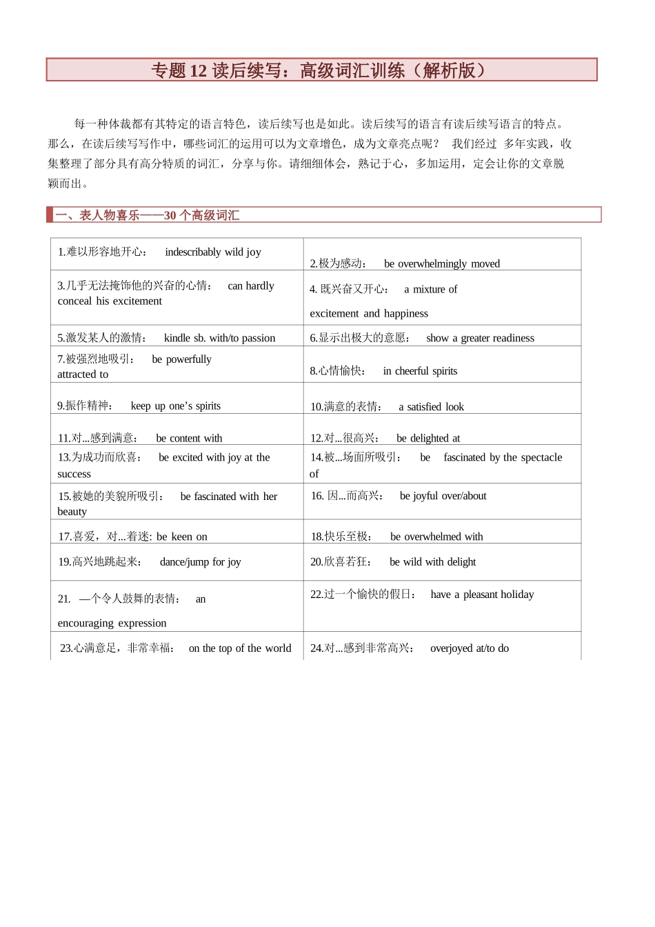 专题12 读后续写:高级词汇训练(解析版).docx_第1页