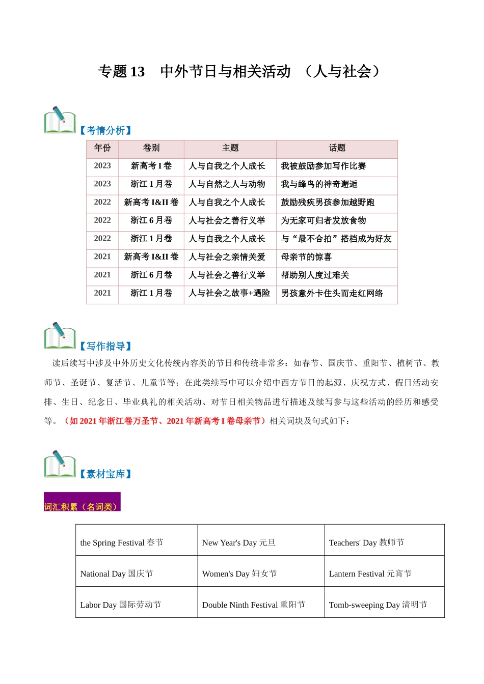 专题13 中外节日与活动(人与社会 )-(解析版).docx_第1页