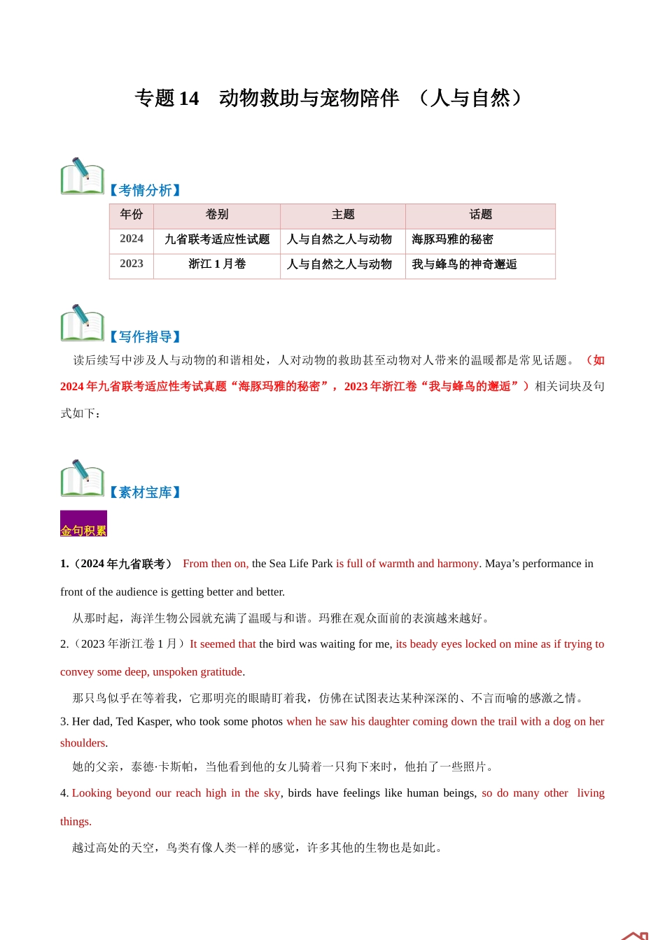 专题14 动物救助与宠物陪伴(读后续写话题之人与自然 ) 解析版).docx_第1页