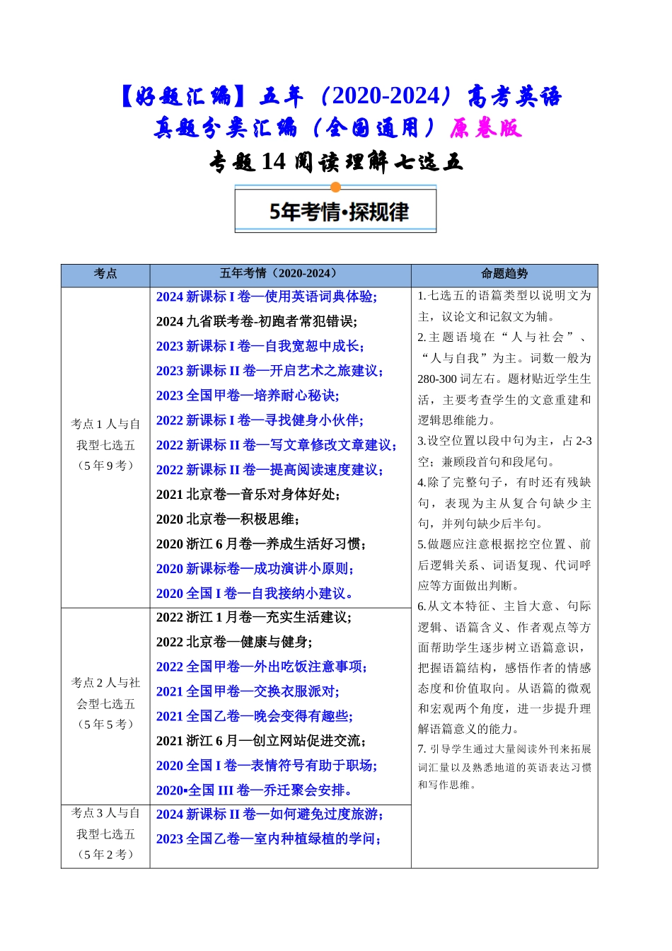 专题14  阅读理解七选五（全国通用）（原卷版）.docx_第1页