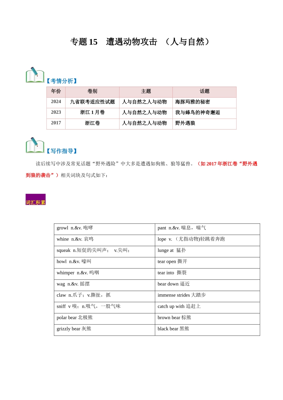 专题15  遇险之被动物攻击（读后续写话题之人与自然 ）（解析版）.docx_第1页