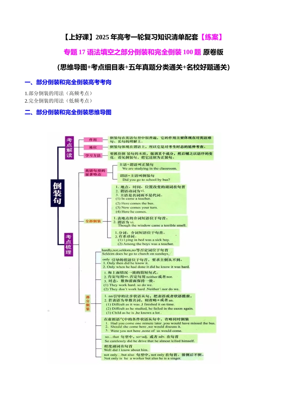 专题17 语法填空之部分倒装和完全倒装100题（练案）学生版.docx_第1页