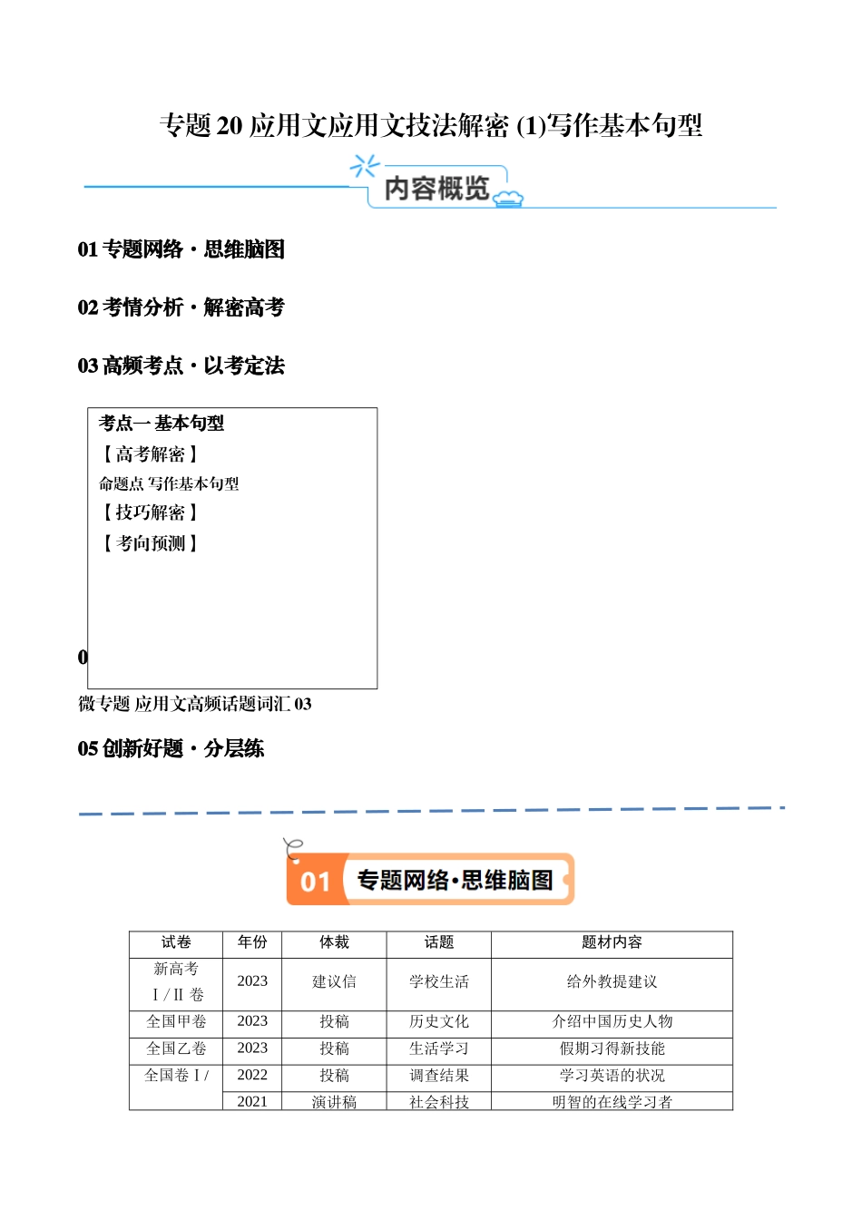 专题20 应用文解题技法解密（1）写作基本句型 （讲义）(原卷版）（新高考专用） .docx_第1页