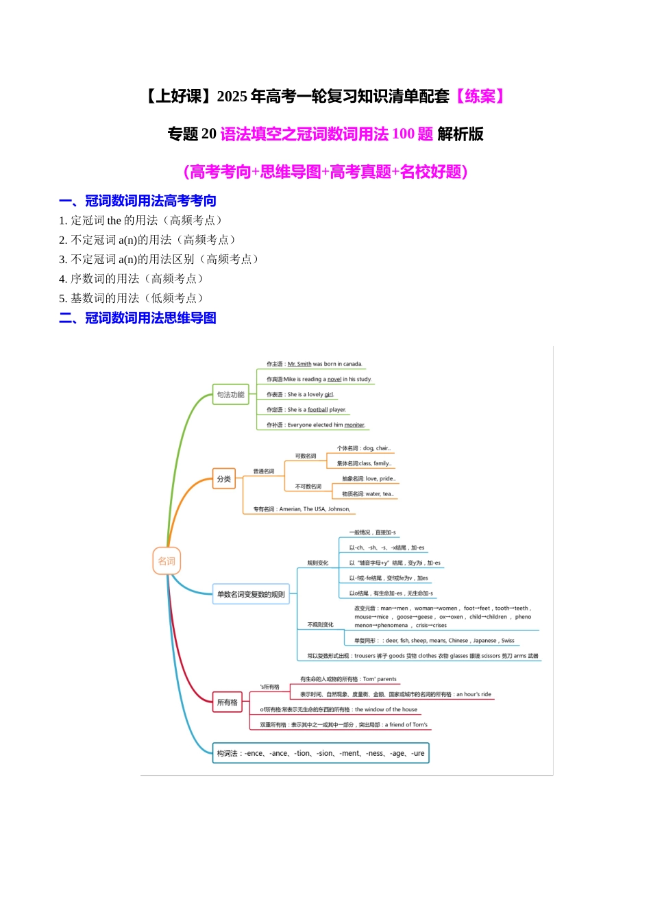 专题20 语法填空之冠词数词用法100题（练案）教师版.docx_第1页