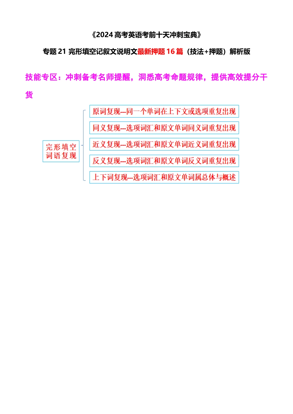 专题21 完形填空记叙文说明文最新押题16篇（技法+押题）解析版.docx_第1页