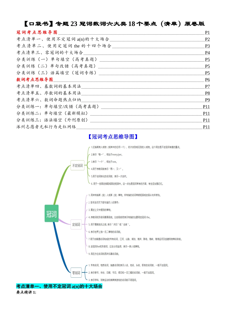 专题23 冠词数词10大类11个要点（清单）-2024年高考英语一轮复习知识清单（全国通用）原卷版.docx_第1页