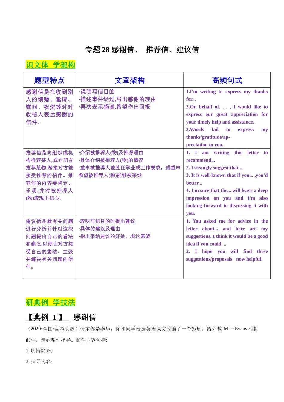 专题28 感谢信、 推荐信、建议信 （原卷版）.docx_第1页