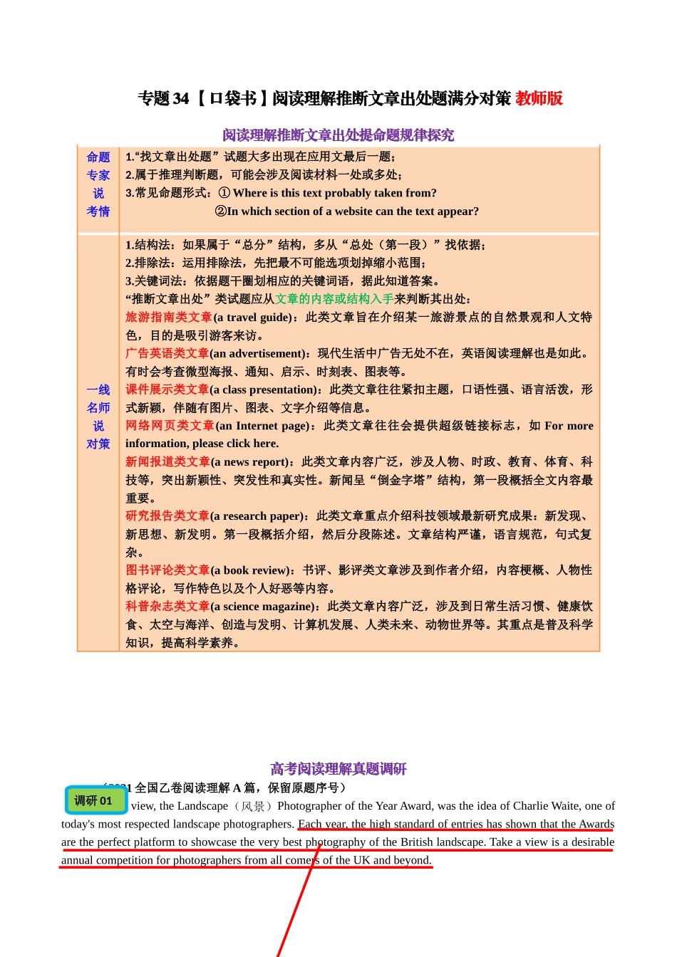 专题34 阅读理解推断文章出处题满分对策-2024年高考英语一轮复习知识清单（全国通用） 教师版.docx_第1页