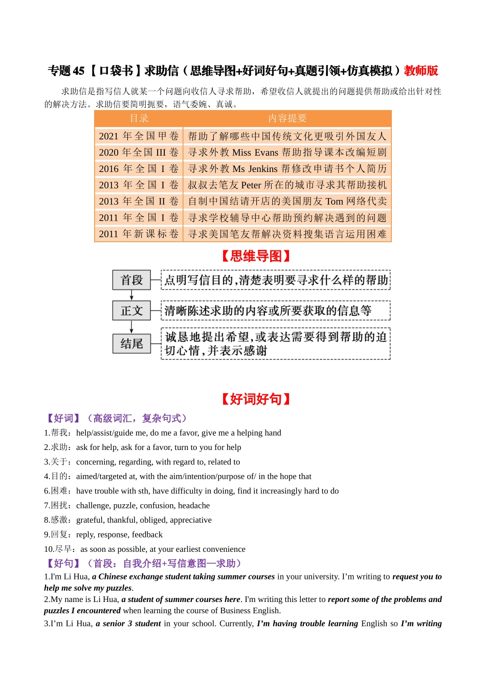 专题45 求助信（思维导图+好词好句+真题引领+仿真模拟）-2024年高考英语一轮复习知识清单（全国通用）教师版.docx_第1页