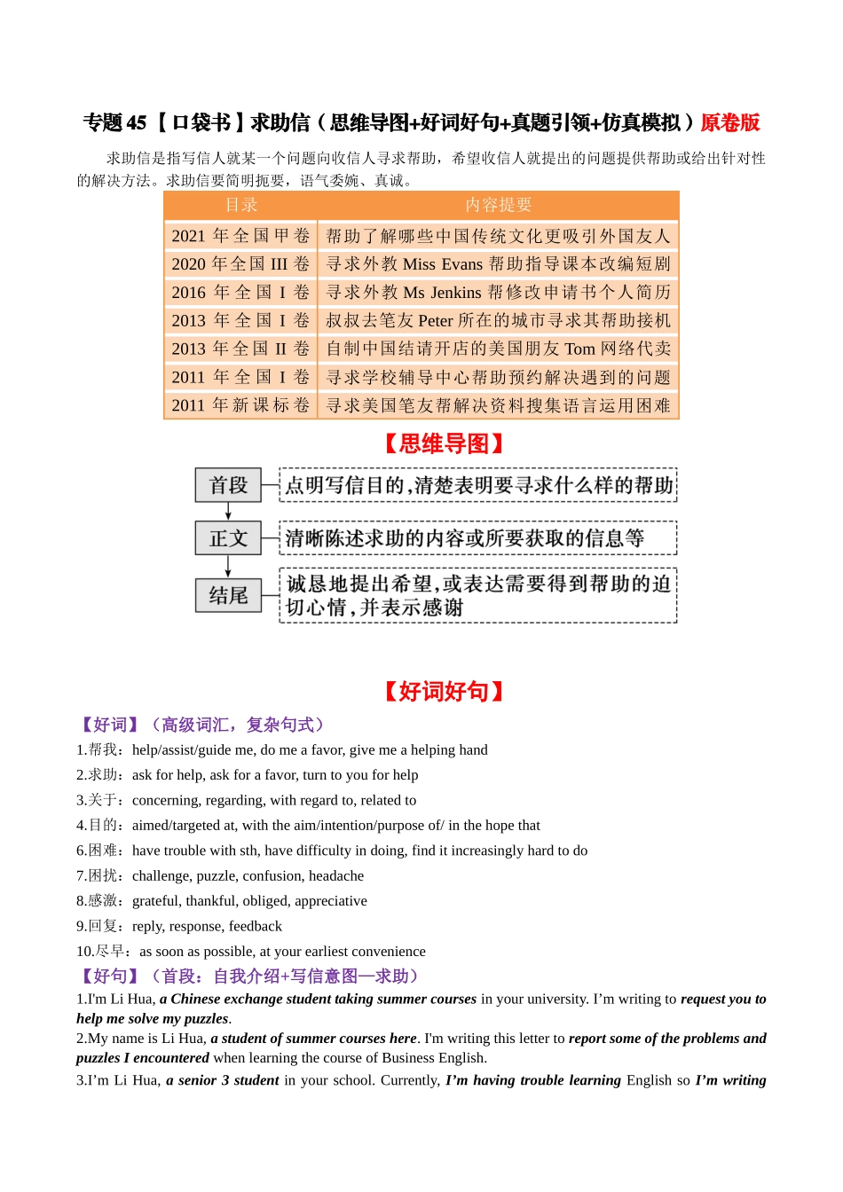 专题45 求助信（思维导图+好词好句+真题引领+仿真模拟）-2024年高考英语一轮复习知识清单（全国通用）原卷版.docx_第1页