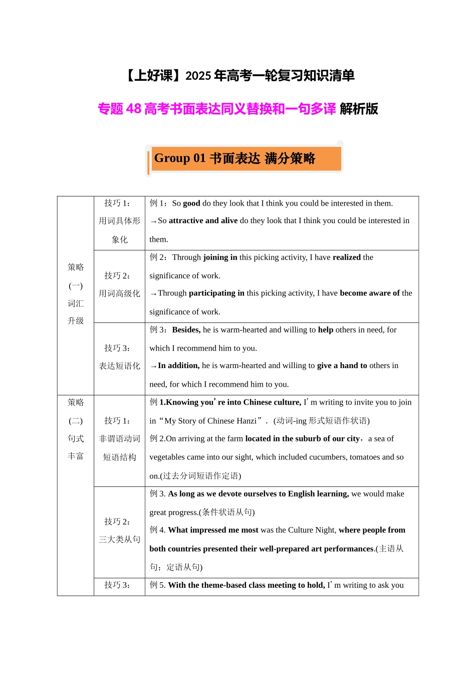 专题48 高考英语书面表达同义替换+一句多译（讲案）教师版.docx_第1页