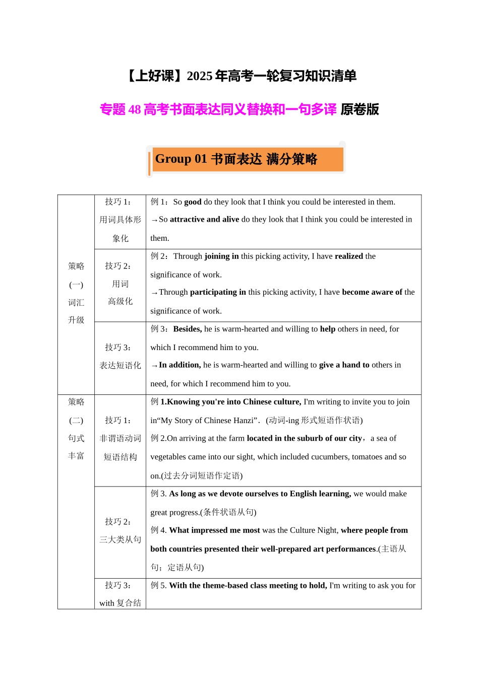 专题48 高考英语书面表达同义替换+一句多译（讲案）学生版.docx_第1页