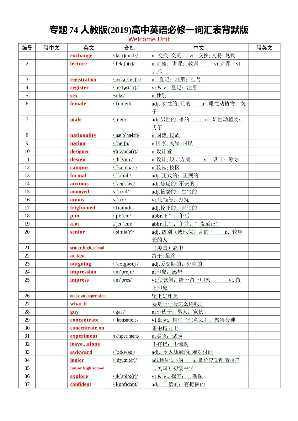 专题74 人教版高中英语必修一词汇表背默版.docx_第1页