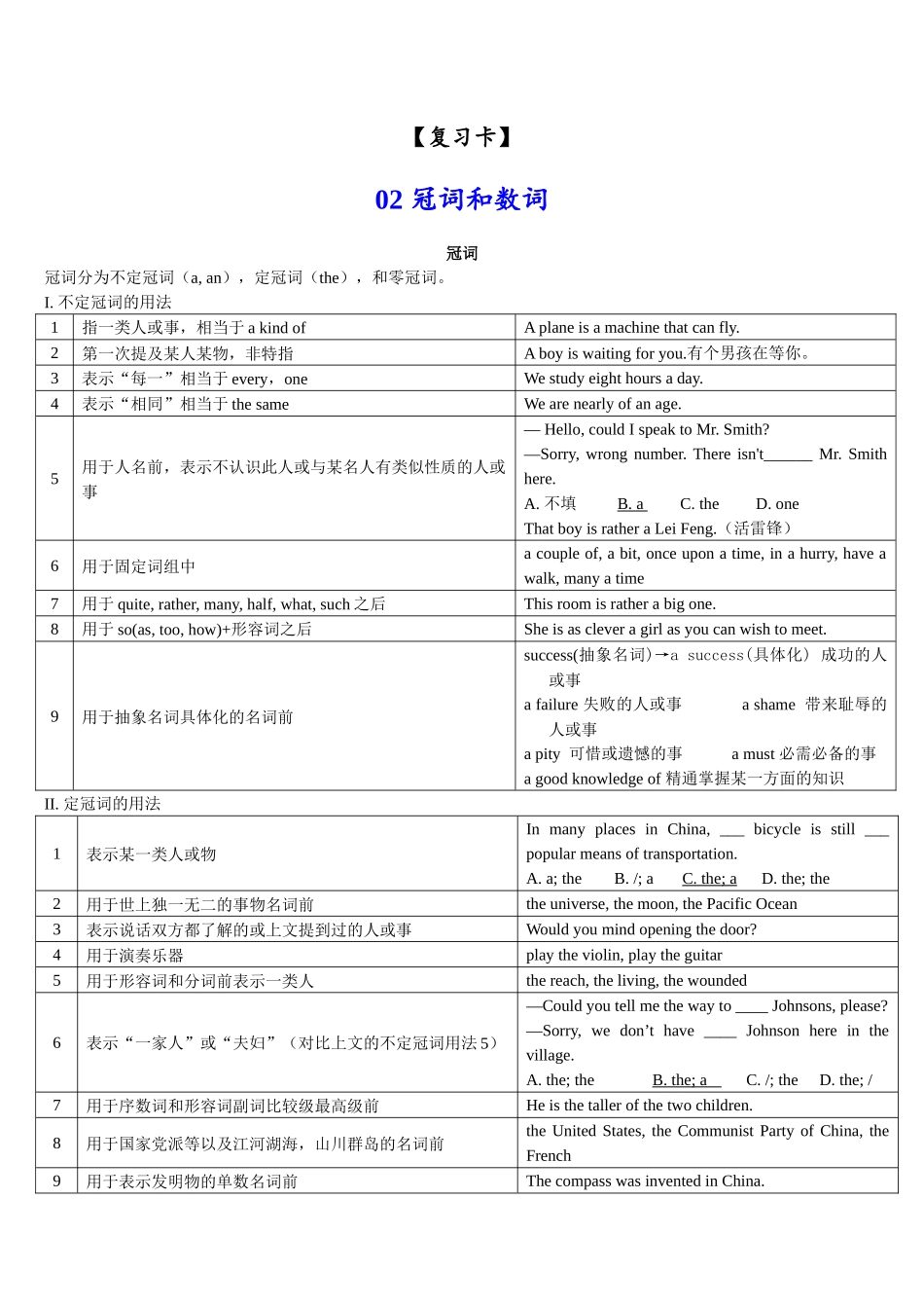 02冠词和数词(复习卡)-2024年高考英语一轮复习语法能力突破必备(PPT+复习卡+精练题)(通用版).docx_第1页