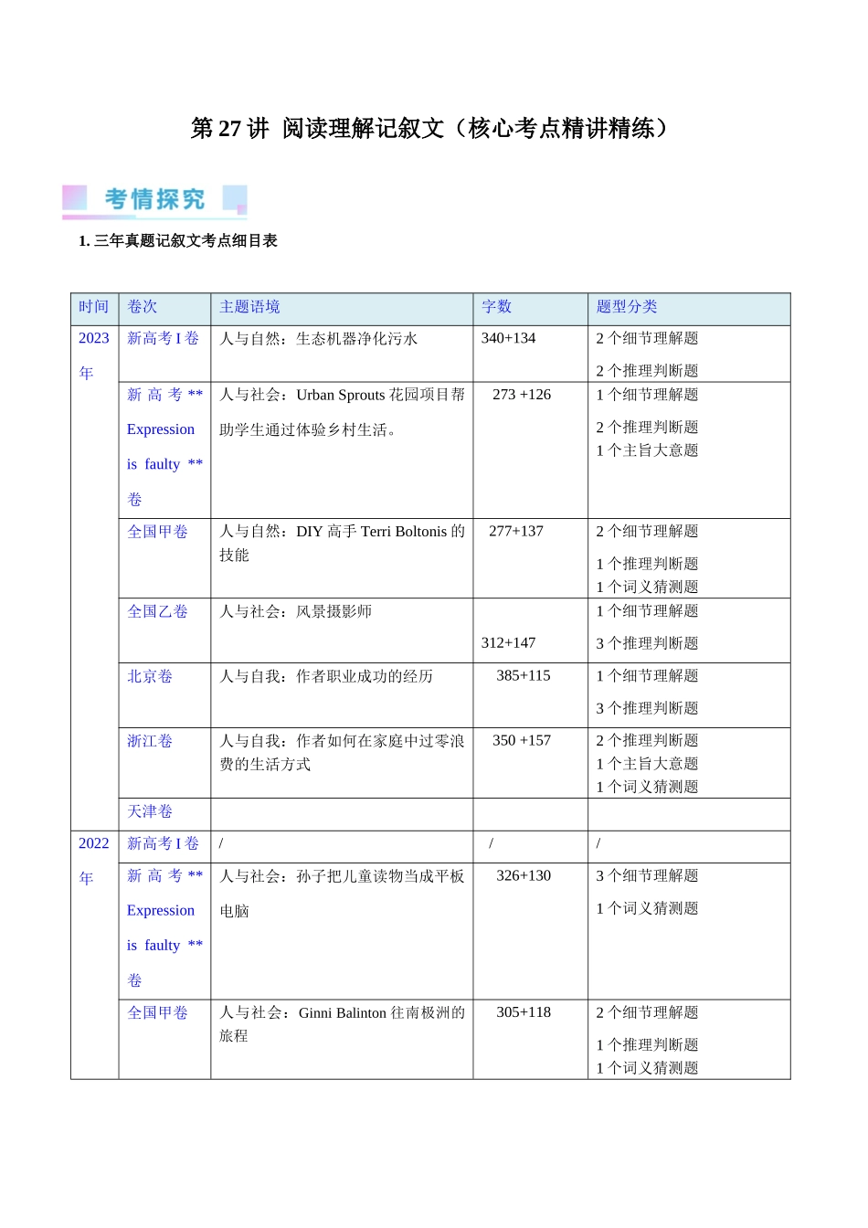 第27讲 阅读理解记叙文（核心考点精讲精练）（原卷版）.docx_第1页