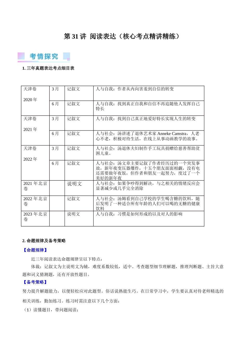 第31讲 阅读表达（核心考点精讲精练）（原卷版）.docx_第1页