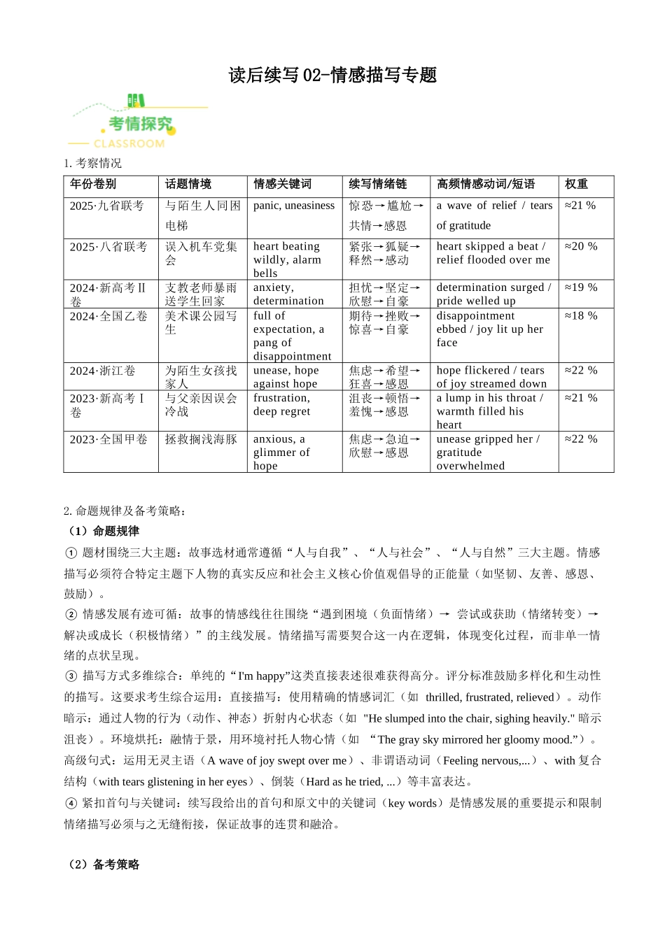 读后续写02 情感描写专题（全国通用）（学生版）.docx_第1页
