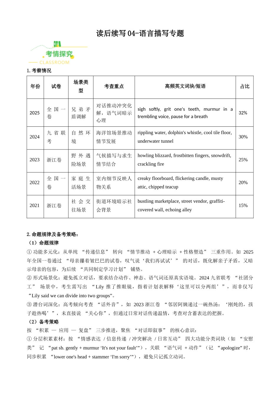 读后续写04 语言描写专题（全国通用）（教师版）.docx_第1页