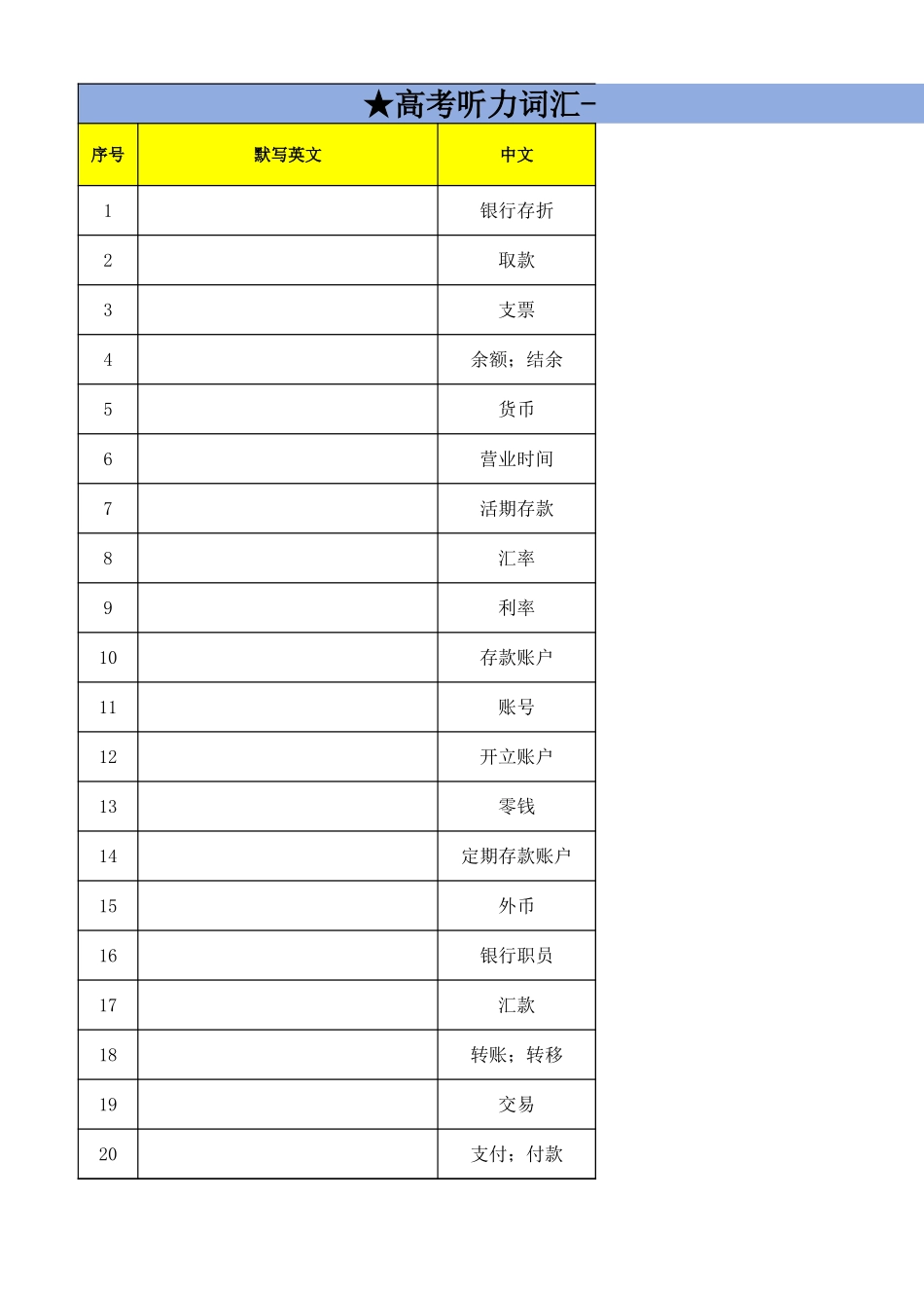 高考听力词汇——银行与贸易专题（默写版）.xlsx_第1页
