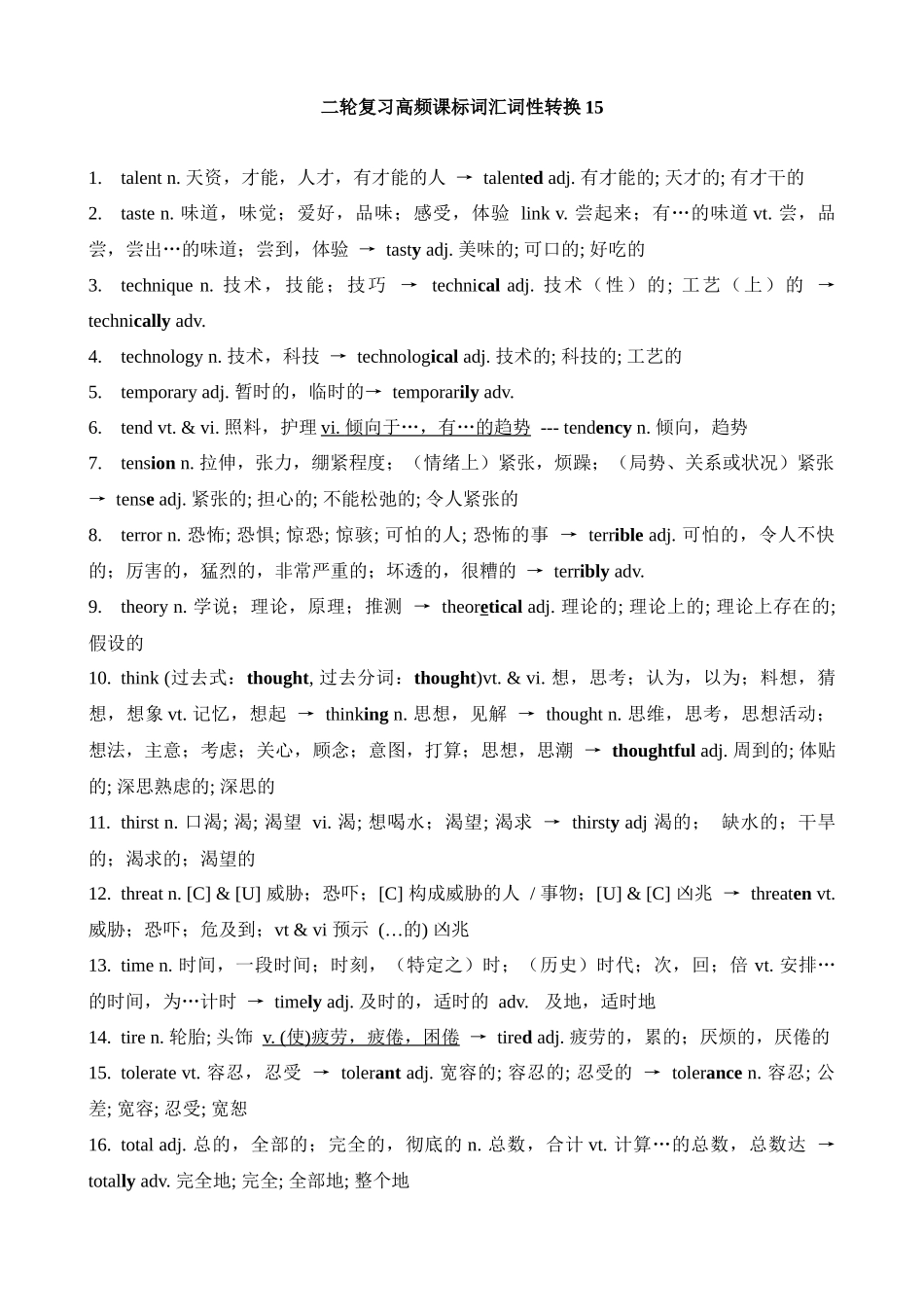 高考英语二轮复习高频课标词汇词性转换15(记忆版).docx_第1页