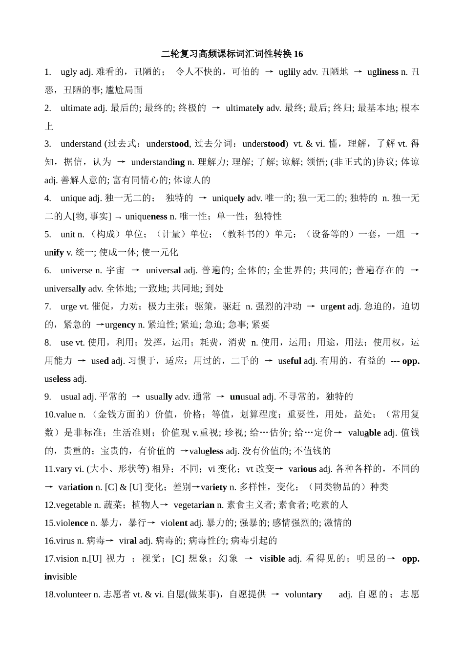 高考英语二轮复习高频课标词汇词性转换16(记忆版).docx_第1页