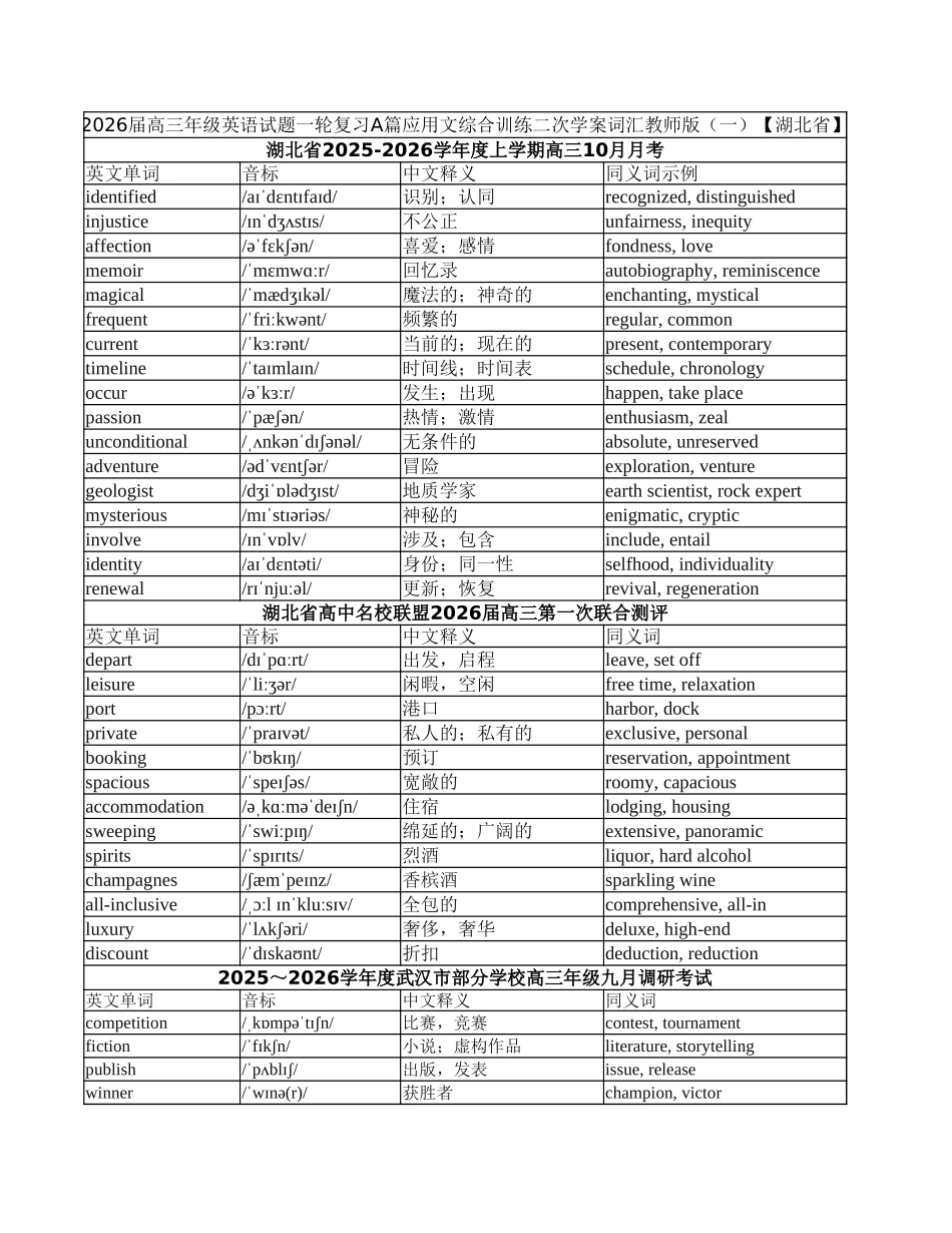 高三年级英语试题一轮复习A篇应用文综合训练二次学案词汇教师版(一)【湖北省】.xlsx_第1页