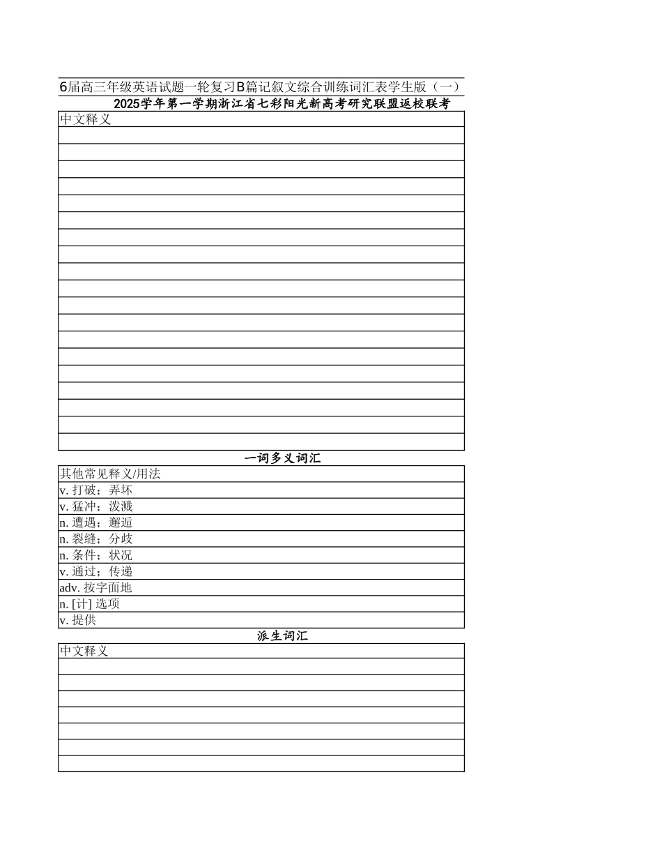 高三年级英语试题一轮复习B篇记叙文二次学案词汇表默写版（一）（浙江省）.xlsx_第3页